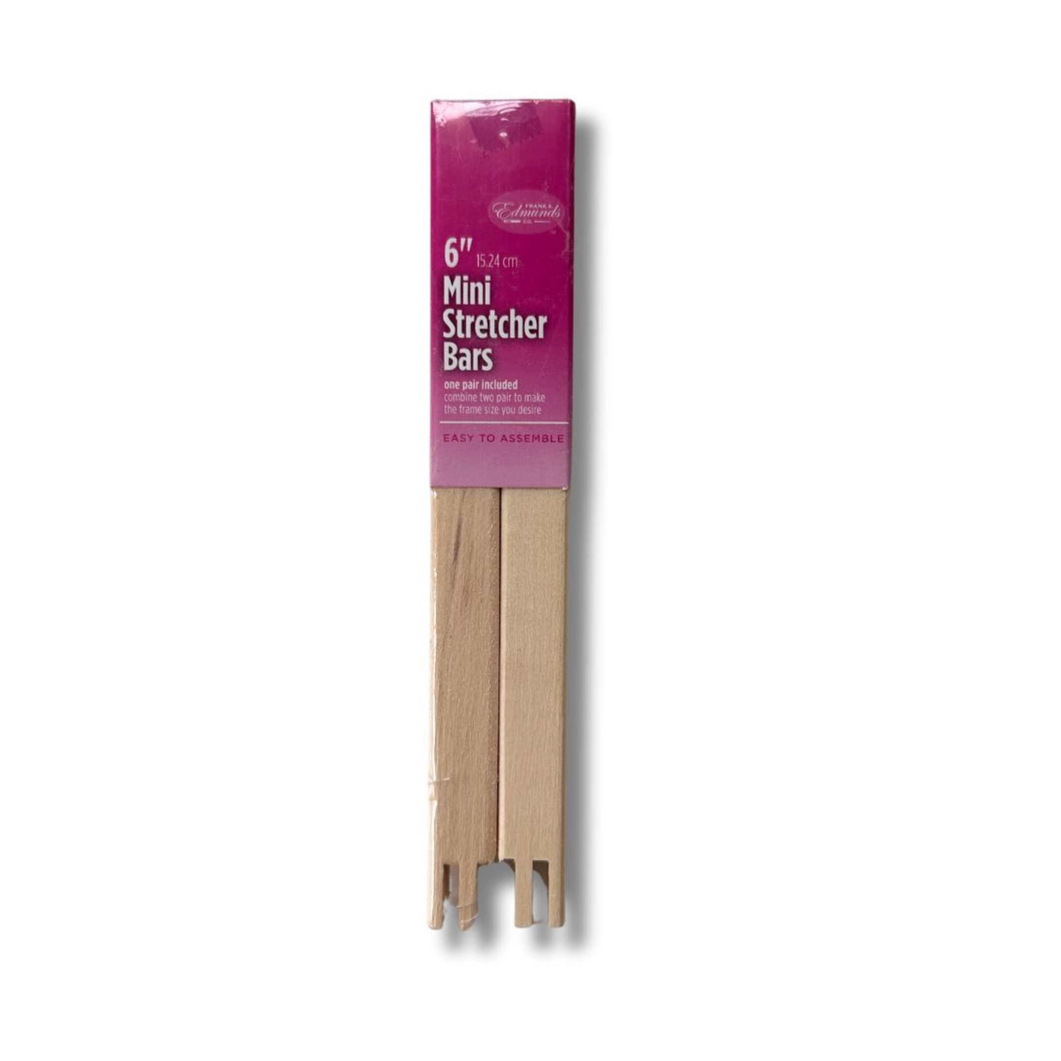 Two wooden mini stretcher bars with a pink packaging label on a white background
