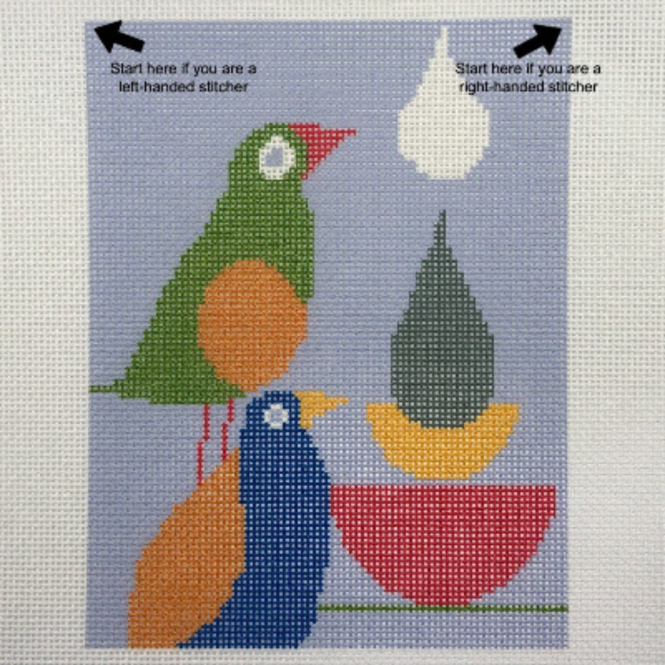 Cross-stitch pattern with colorful birds on a blue background