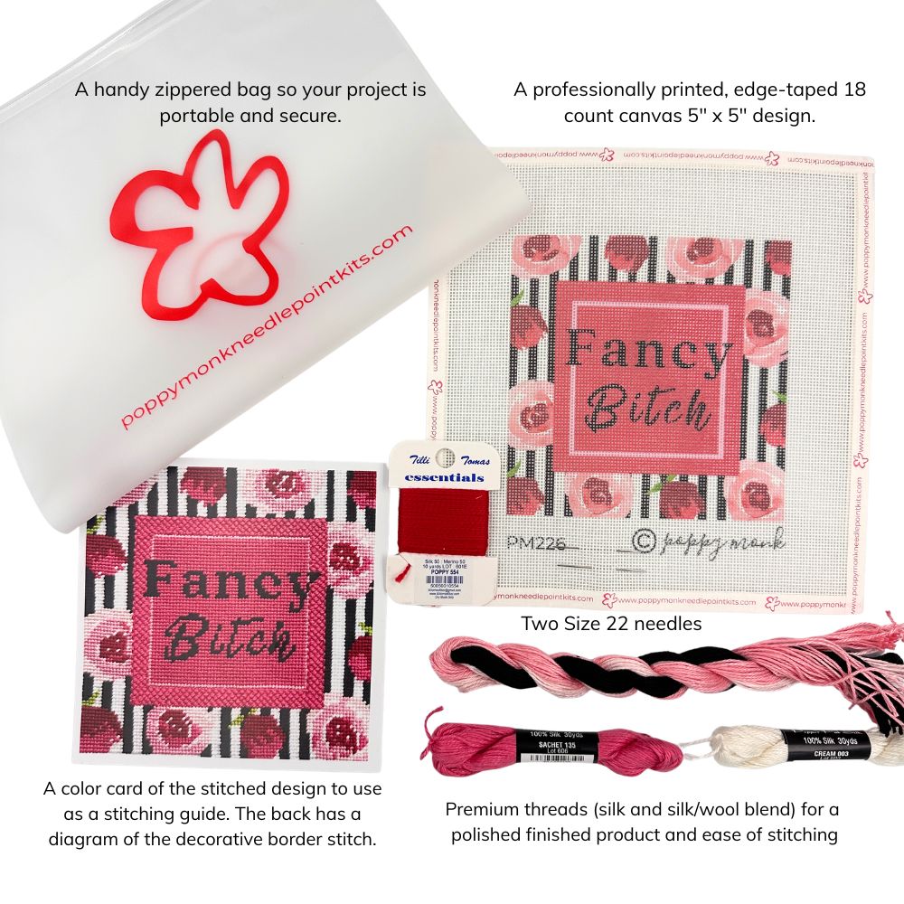 A needlepoint kit layout showing a white zippered bag, a printed canvas design with pink floral and striped borders reading &