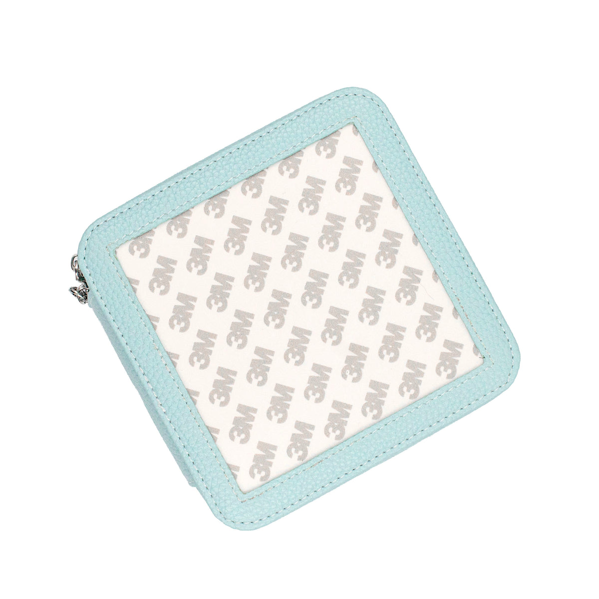 A square zippered pouch with a light blue faux leather border and a clear front panel printed with a repeating gray 3M logo pattern, shown on a white background.