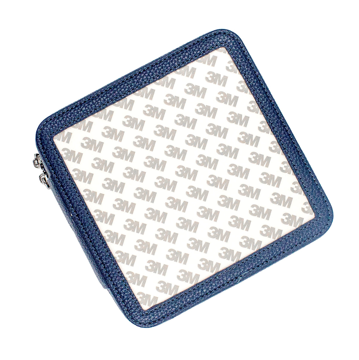 A square zippered box with a textured blue border and a clear front panel printed with a repeating 3M logo pattern on a white background.