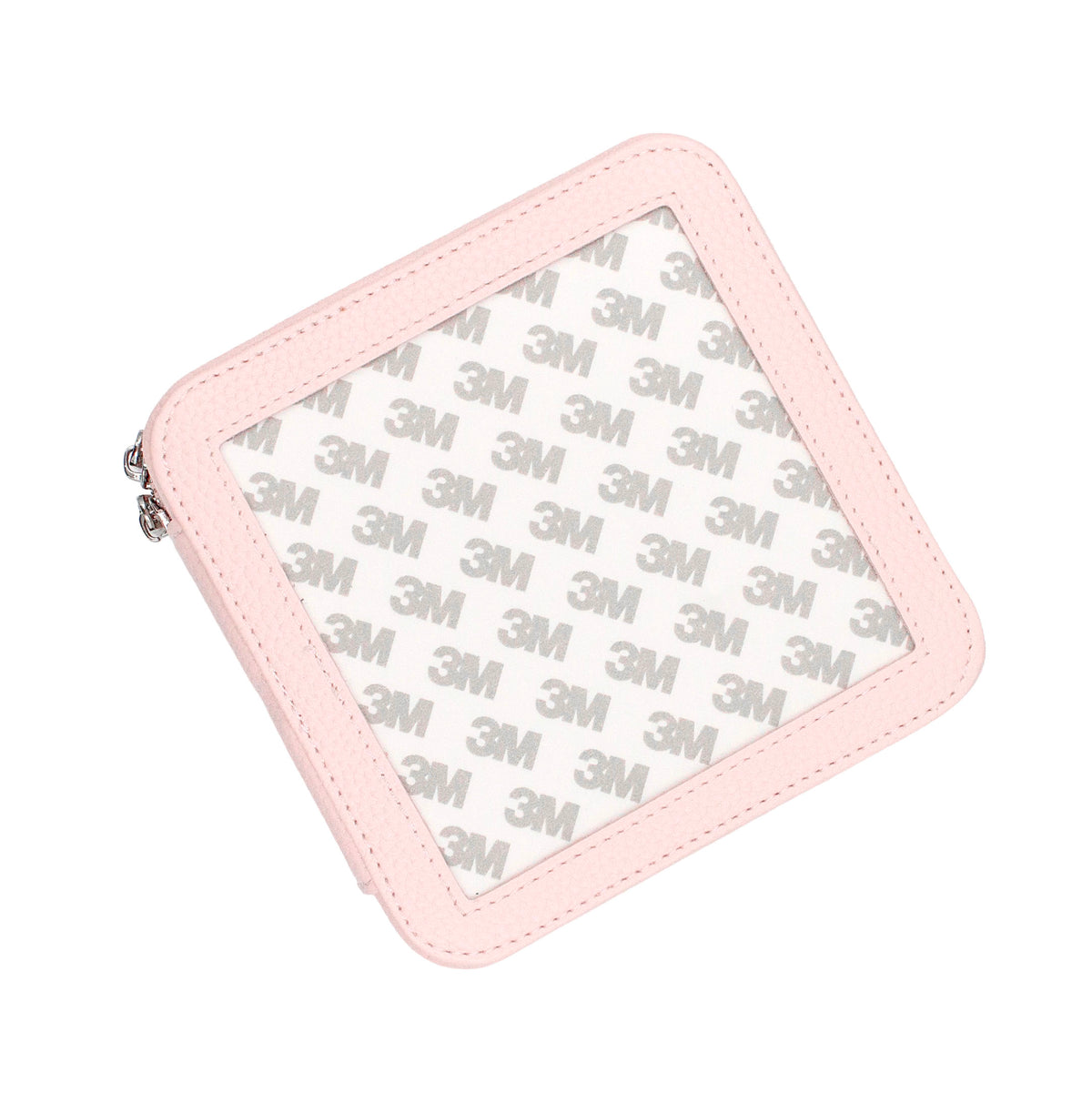 A square zippered pouch with rounded corners, featuring a light pink faux-leather border and a clear window covered in a repeating light gray 3M logo pattern.