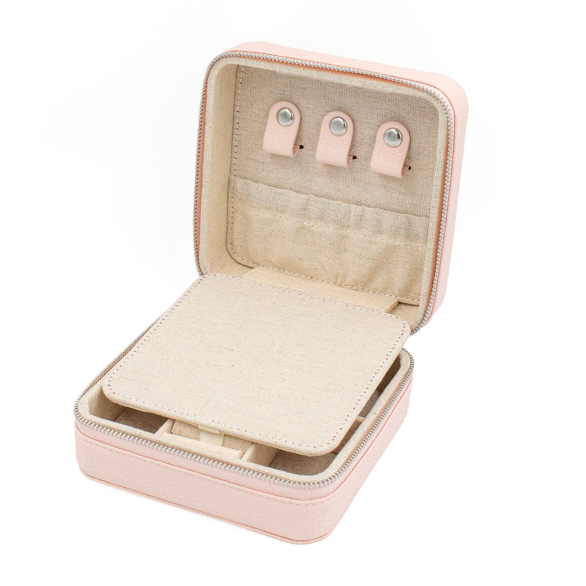 A light pink zippered jewelry organizer case shown open, with a beige fabric interior, three pink jewelry loops on the inside lid, and a padded insert on a white background.