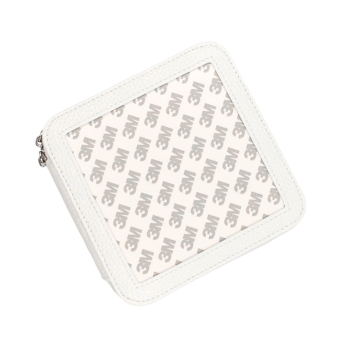 A square white box with rounded corners, featuring a clear front panel printed with a repeating gray 3M logo pattern. A silver metal zipper pull is visible on the left side, set against a plain white background.