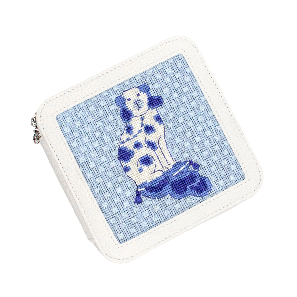 dog needlepoint in a white box top