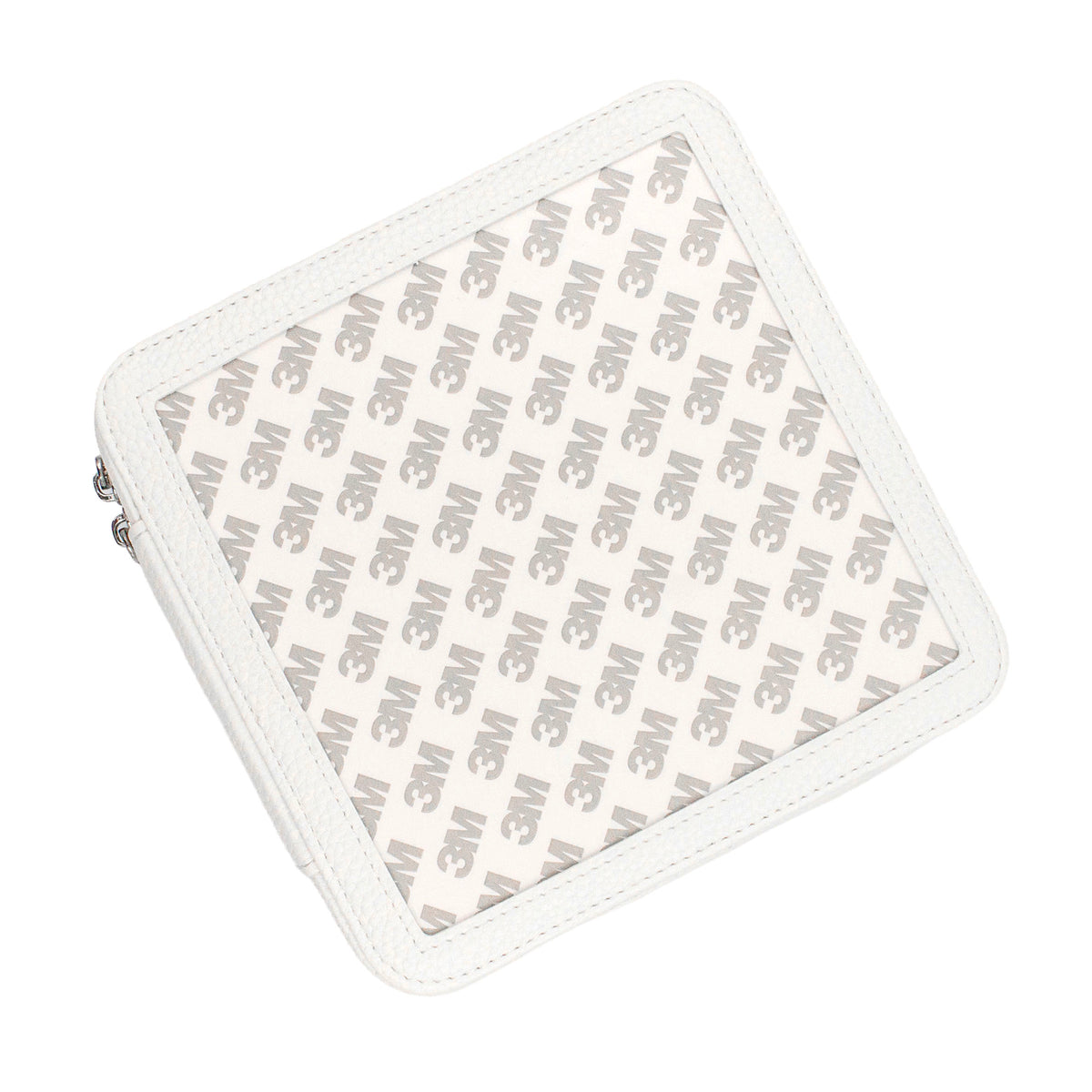 A square white box with rounded corners, featuring a repeating gray 3M logo pattern on the front and a silver zipper pull on the left side, shown against a plain white background.