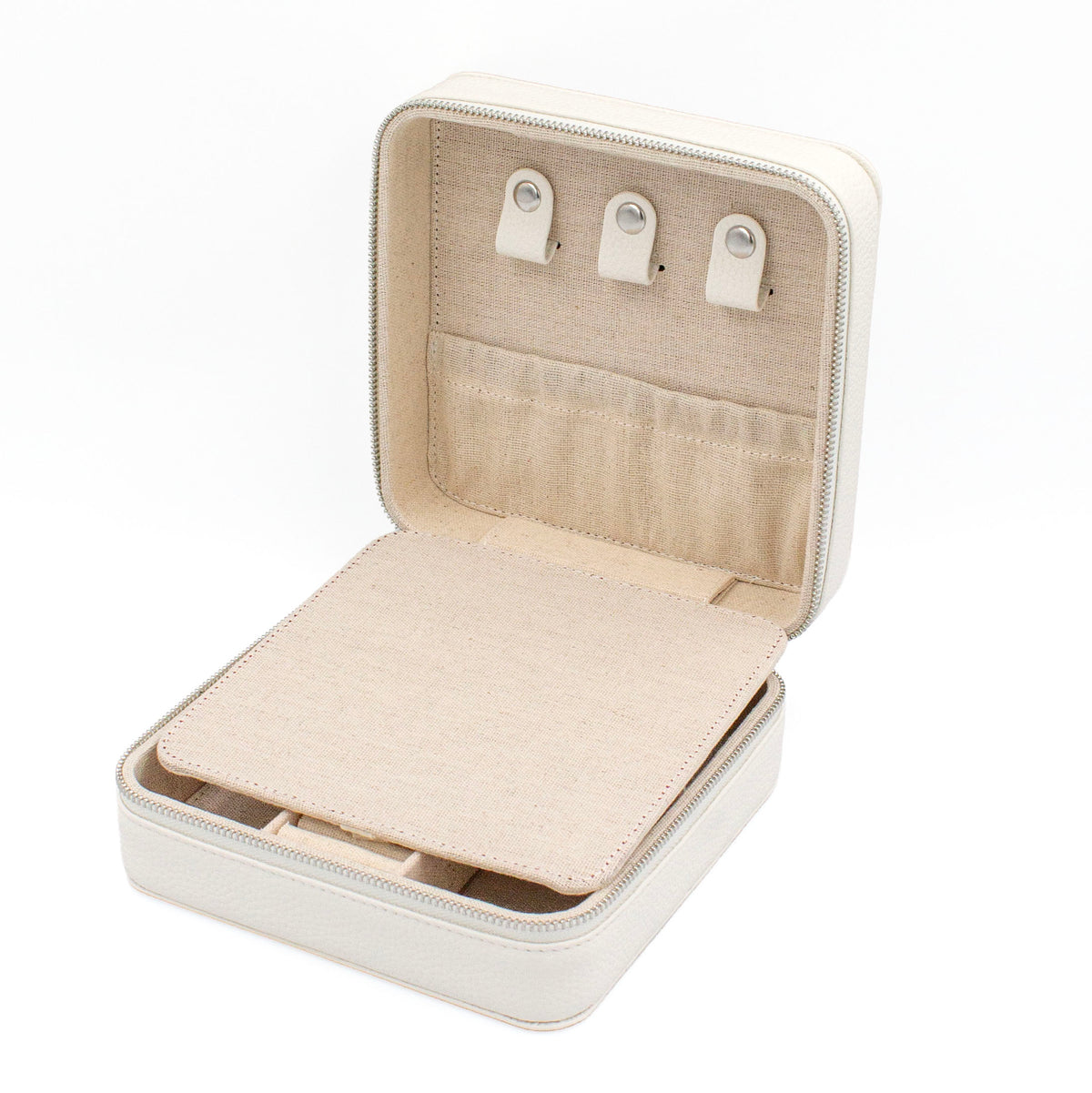 An open cream-colored zippered jewelry organizer case with a beige fabric interior, featuring three white card slots on the inside lid and a padded insert in the base.