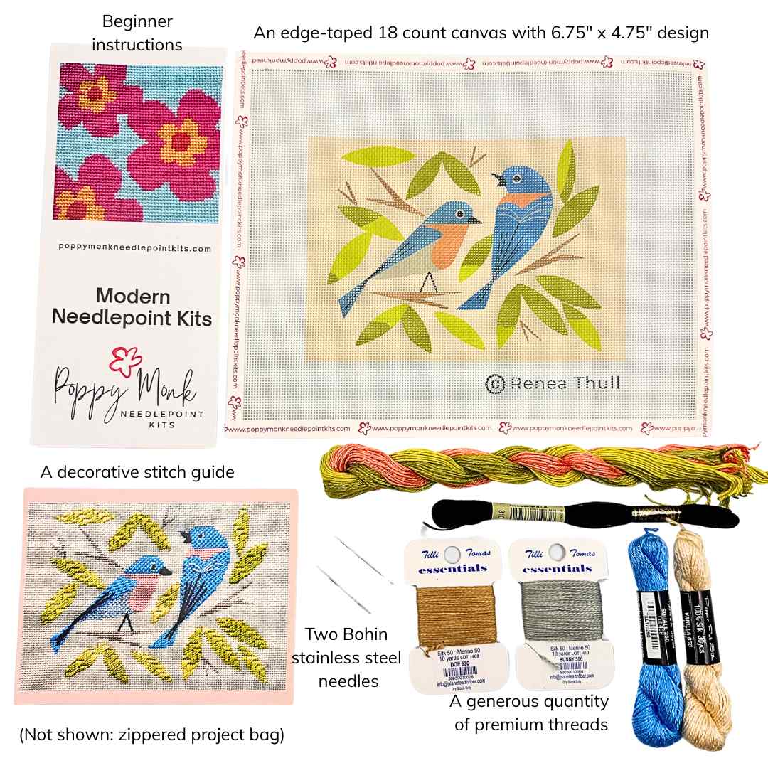 Mid-Century Bluebirds modern needlepoint kit.