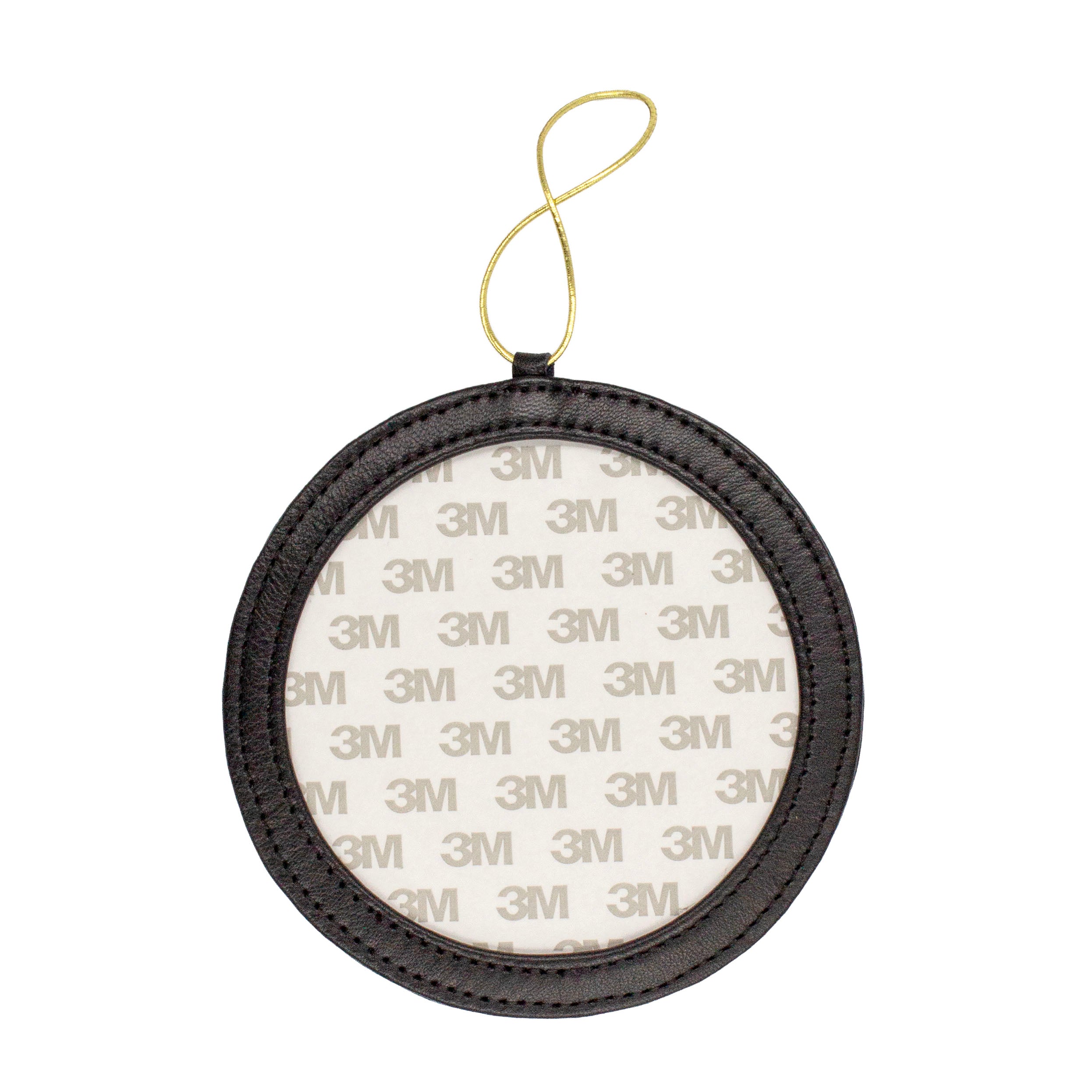 A round black leather frame-style ornament.