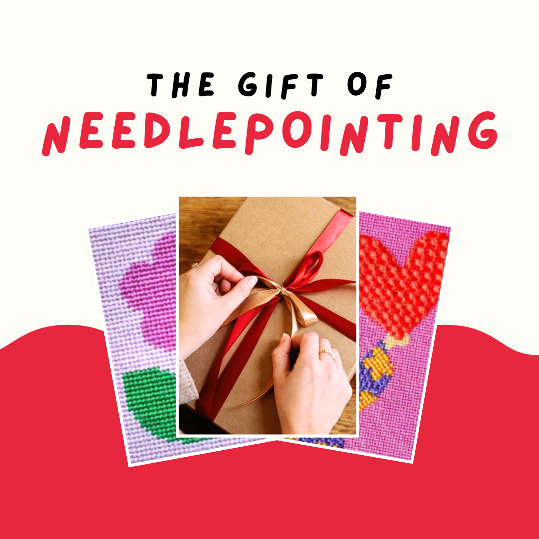 Promotional graphic for needlepoint kits with text 'The Gift of Needlepointing' on a red background.