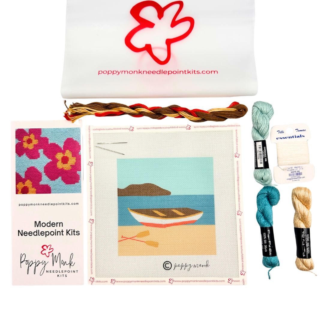 Summer Dinghy needlepoint kit with a beach or ocean theme.