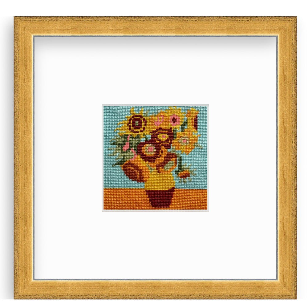 Van Gogh needlepoint Sunflowers mini kit shown in a frame.