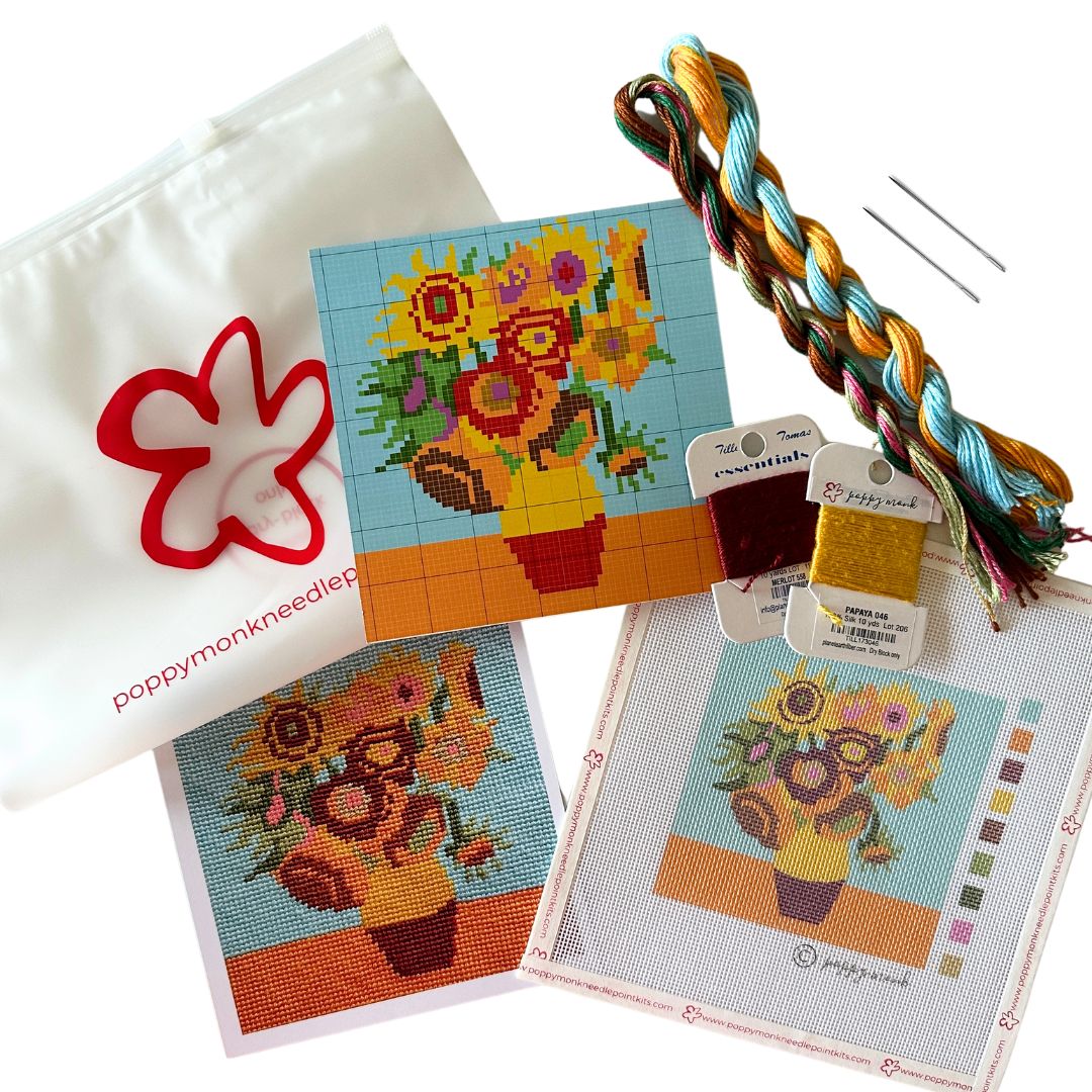 Van Gogh needlepoint Sunflowers mini kit contents..