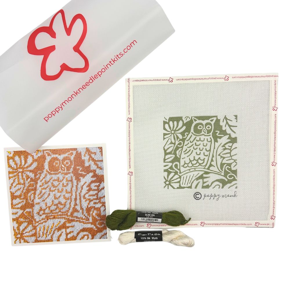 Owl needlepoint kit in green and cream