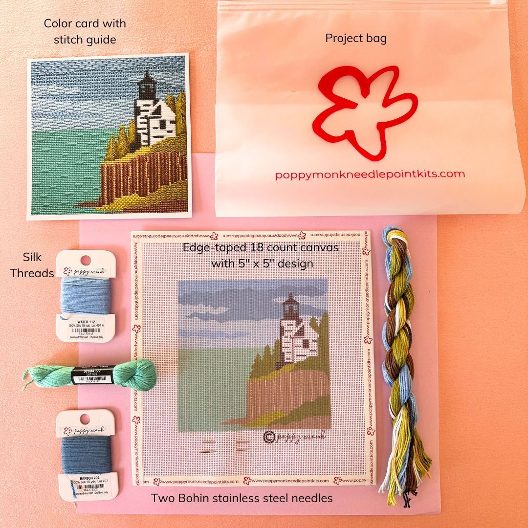 Acadia National Park needlepoint kit with stitch guide.