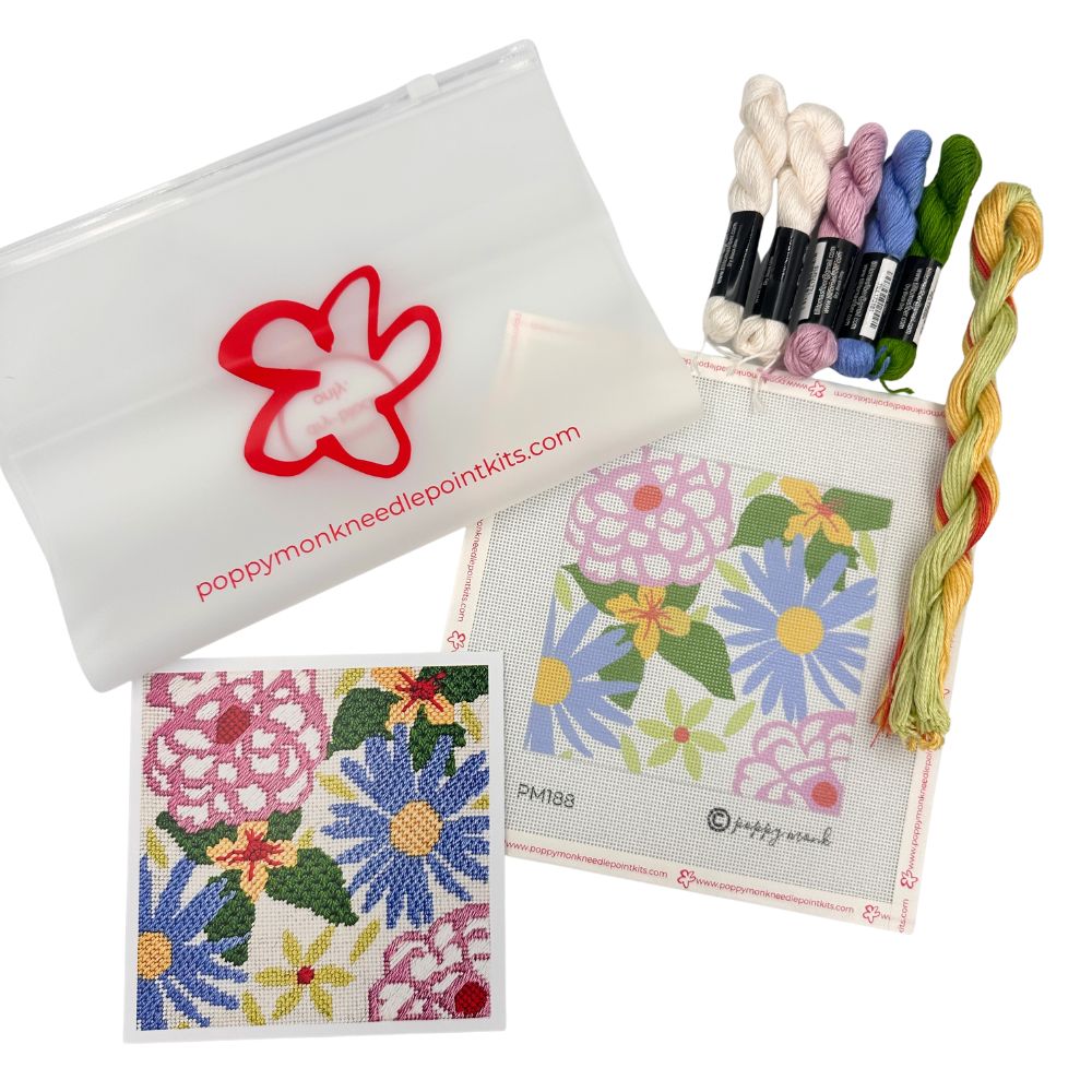 Camellias and Asters needlepoint kit contents