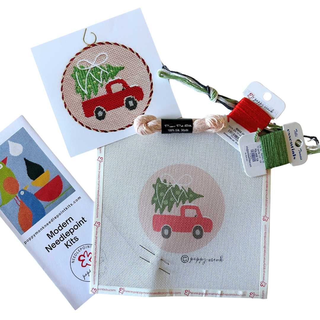 Cjristmas vintage truck needlepoint ornament kit with silk threads.