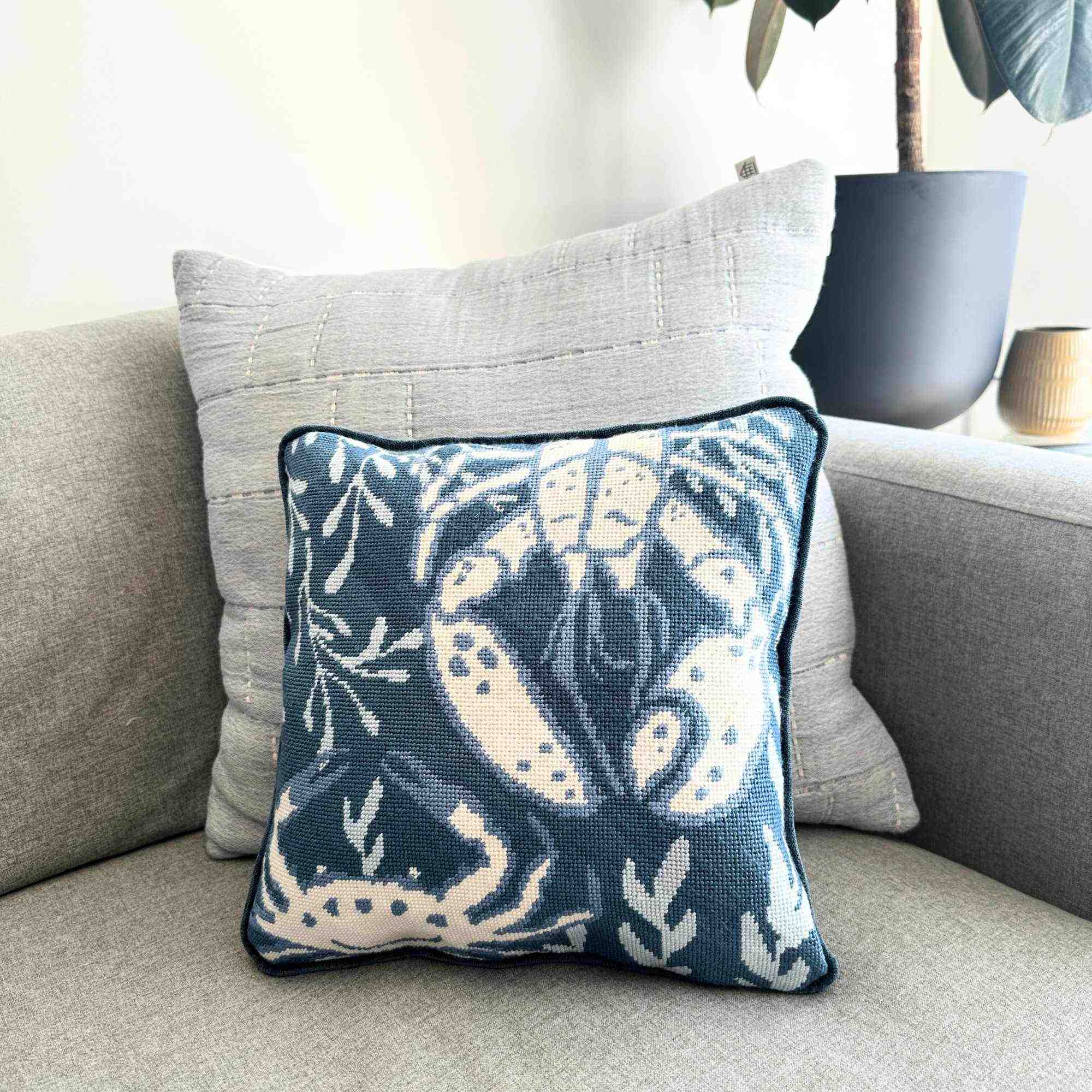 Coastal Blue needlepoint pillow kit in blue and white silk threads.