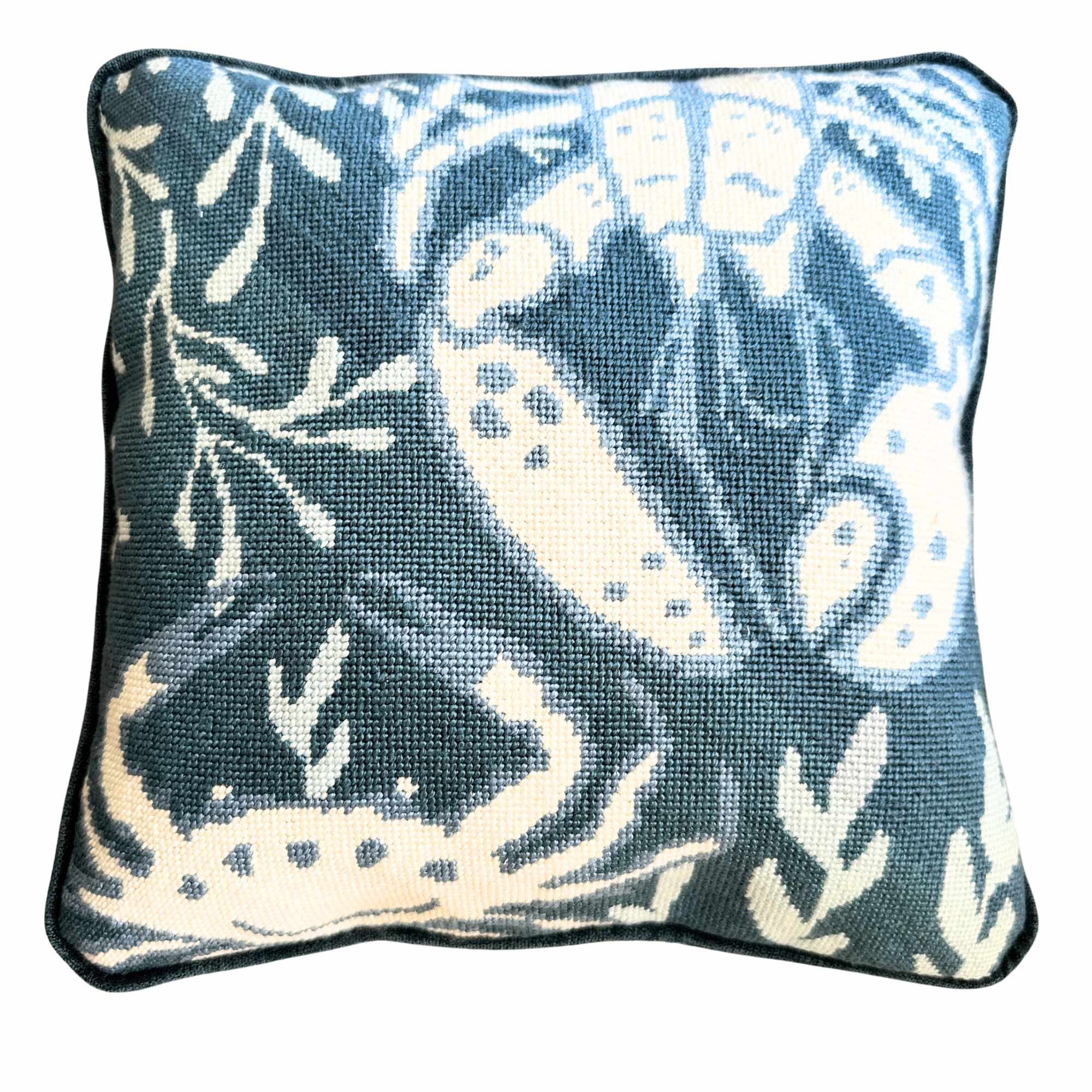 Coastal Blue needlepoint pillow kit in blue and white silk threads.