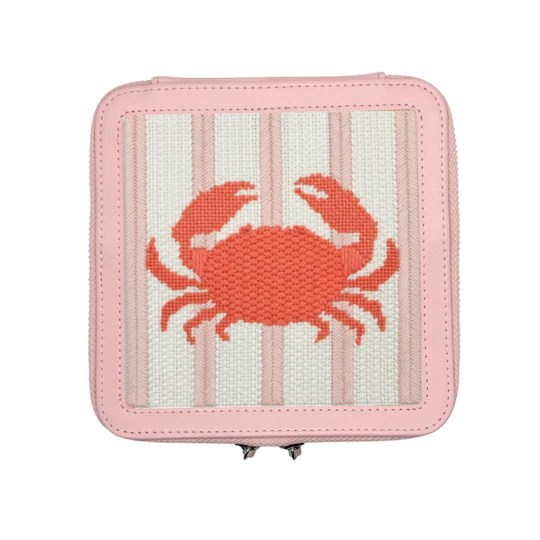 Leather box with a red crab needlepoint design on a pink and white striped background