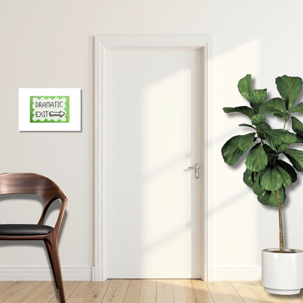 White door with a decorative sign, wooden chair, and potted plant in a room.