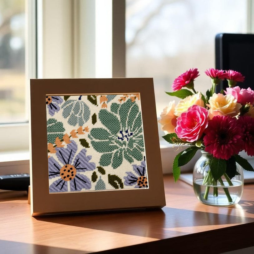 Fall for Flowers needlepoint in a frame