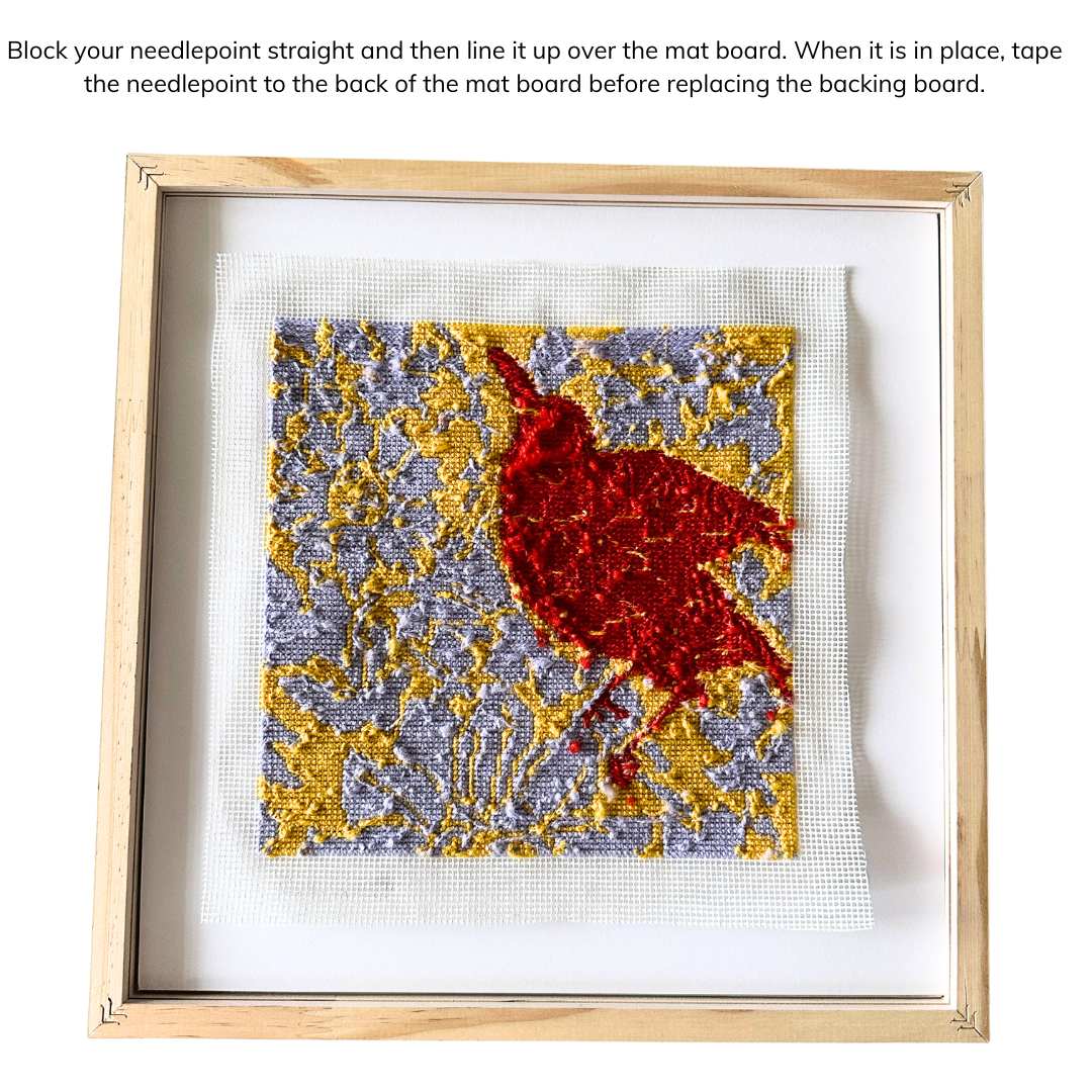 A white wood frame for a 8" x 8" needlepoint design.