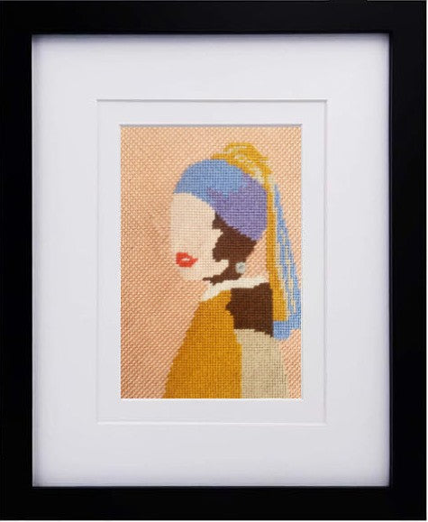 Girl With Pearl Earring needlepoint in a black frame