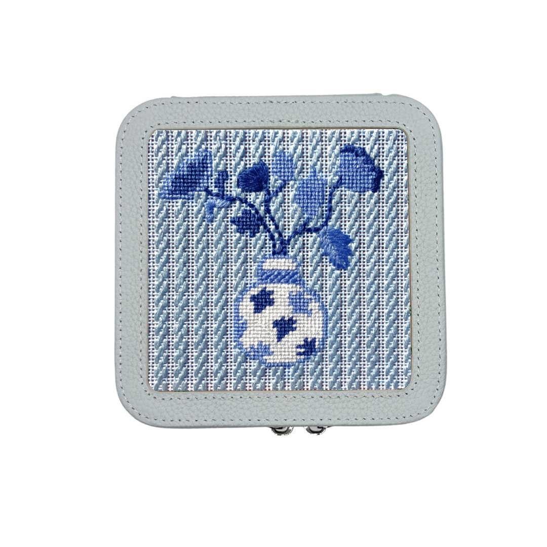Blue and White needlepoint in a leather box