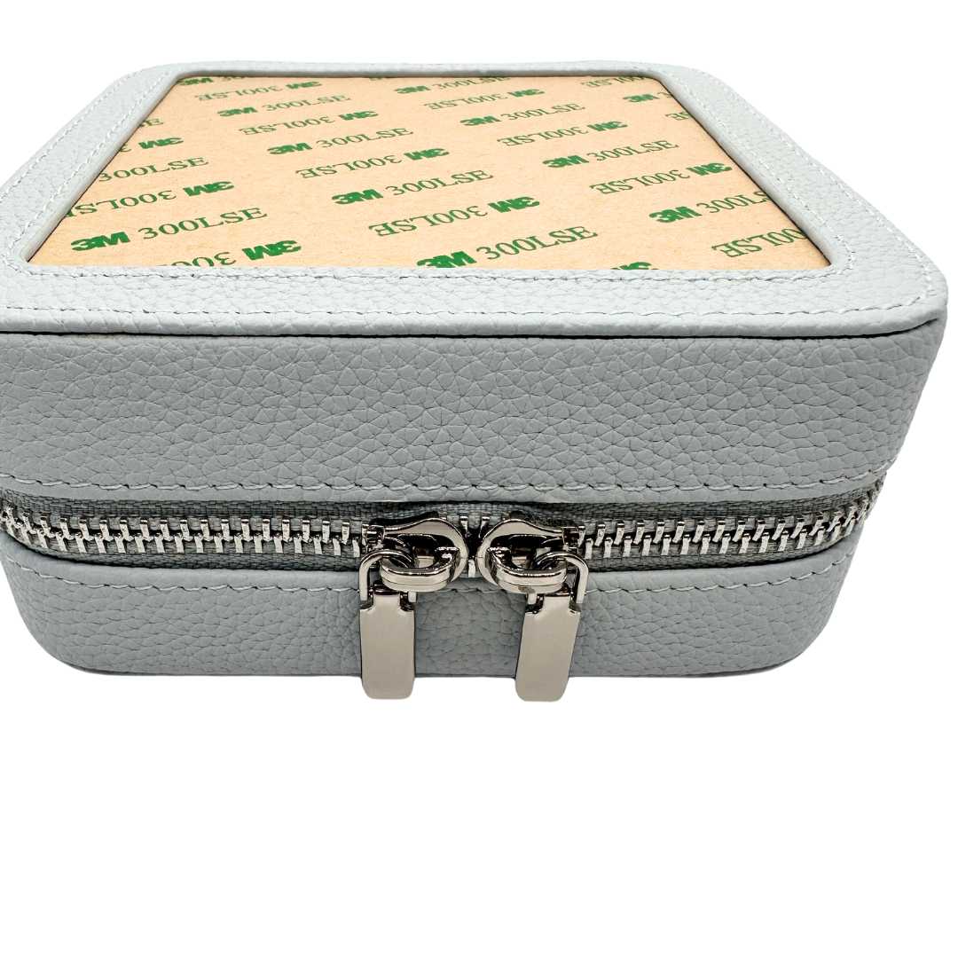 Ice Blue leather self-finishing needlepoint box for 4" x 4" insert.