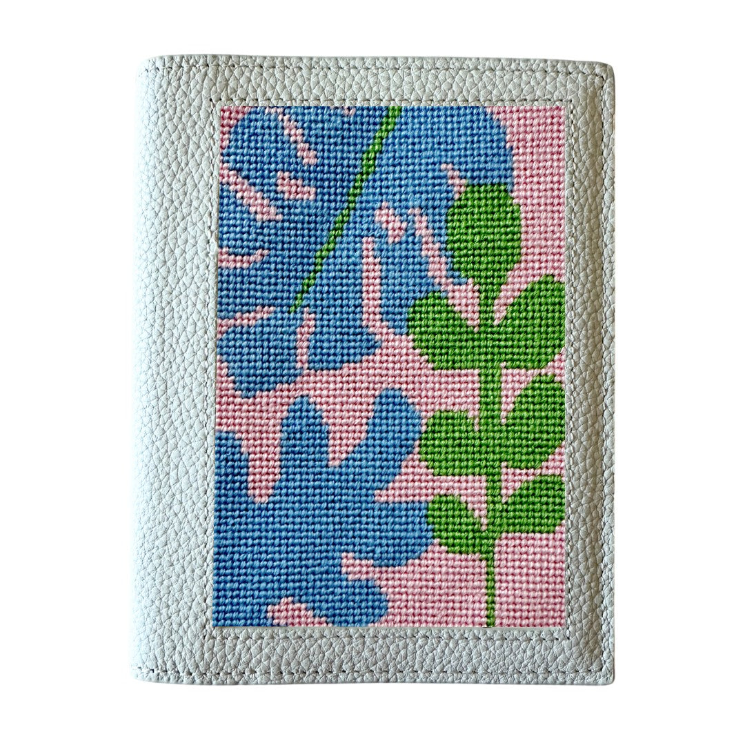 Blue Leather Passport Wallet + Tropical Leaves Needlepoint Kit