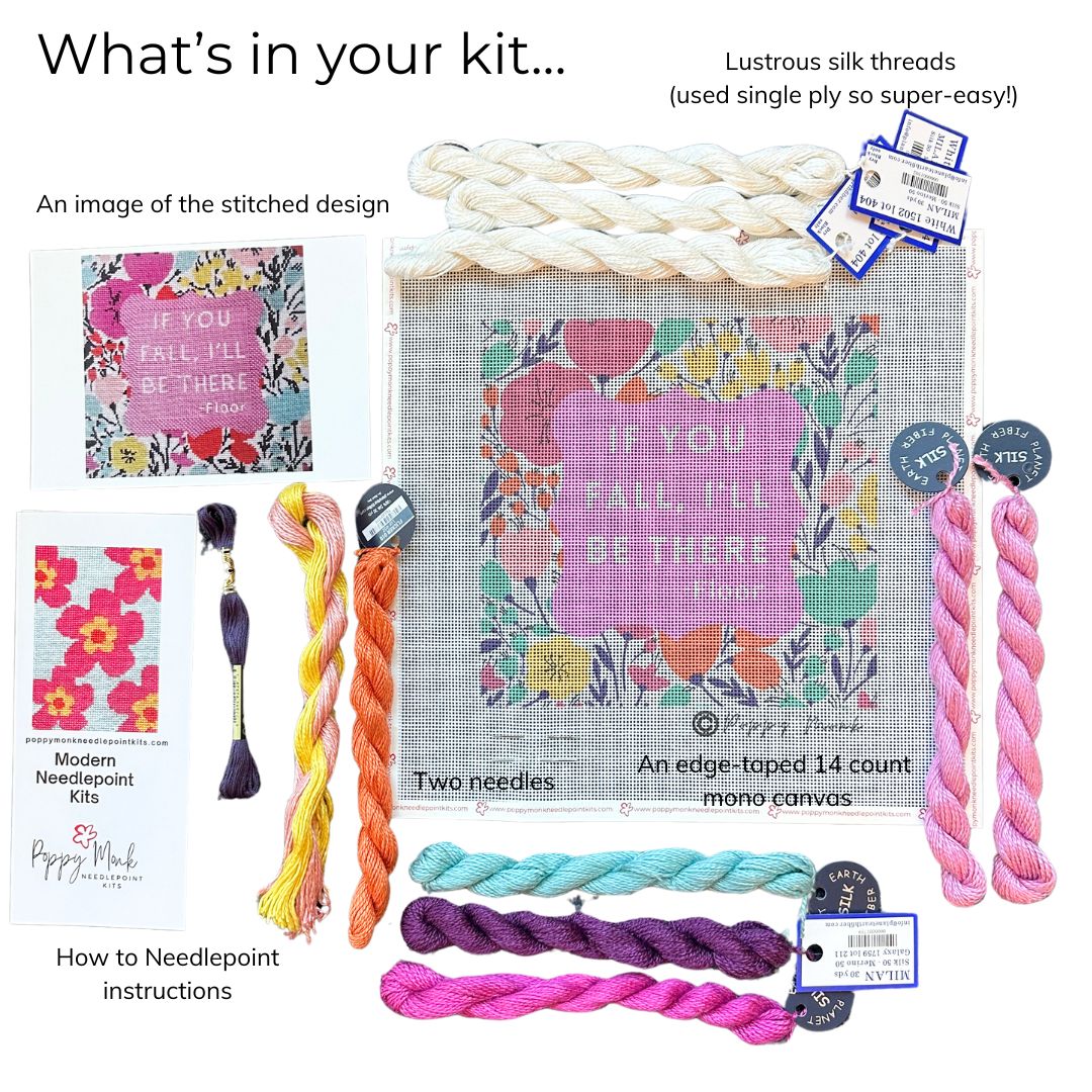 If You Fall needlepoint kit contents