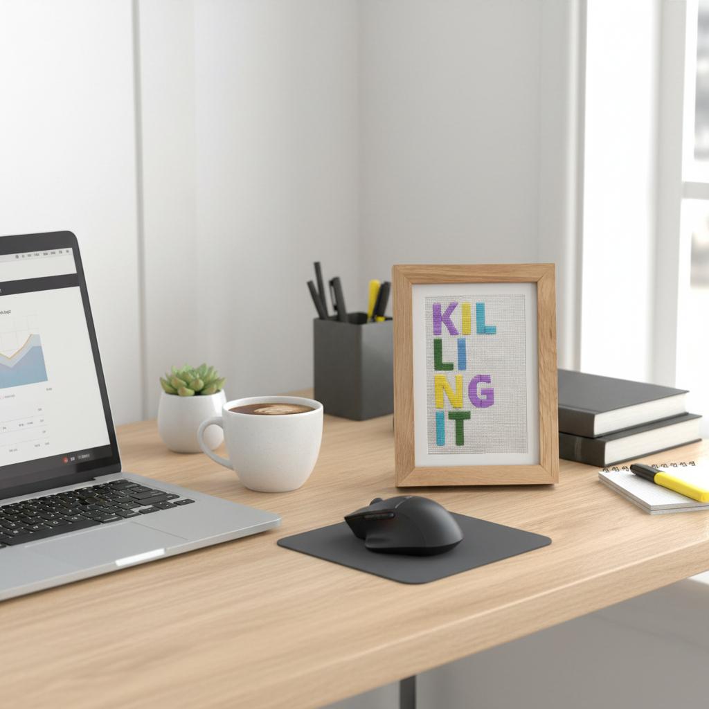 Home office desk setup with laptop, coffee, and decorative frame on a light wooden surface.
