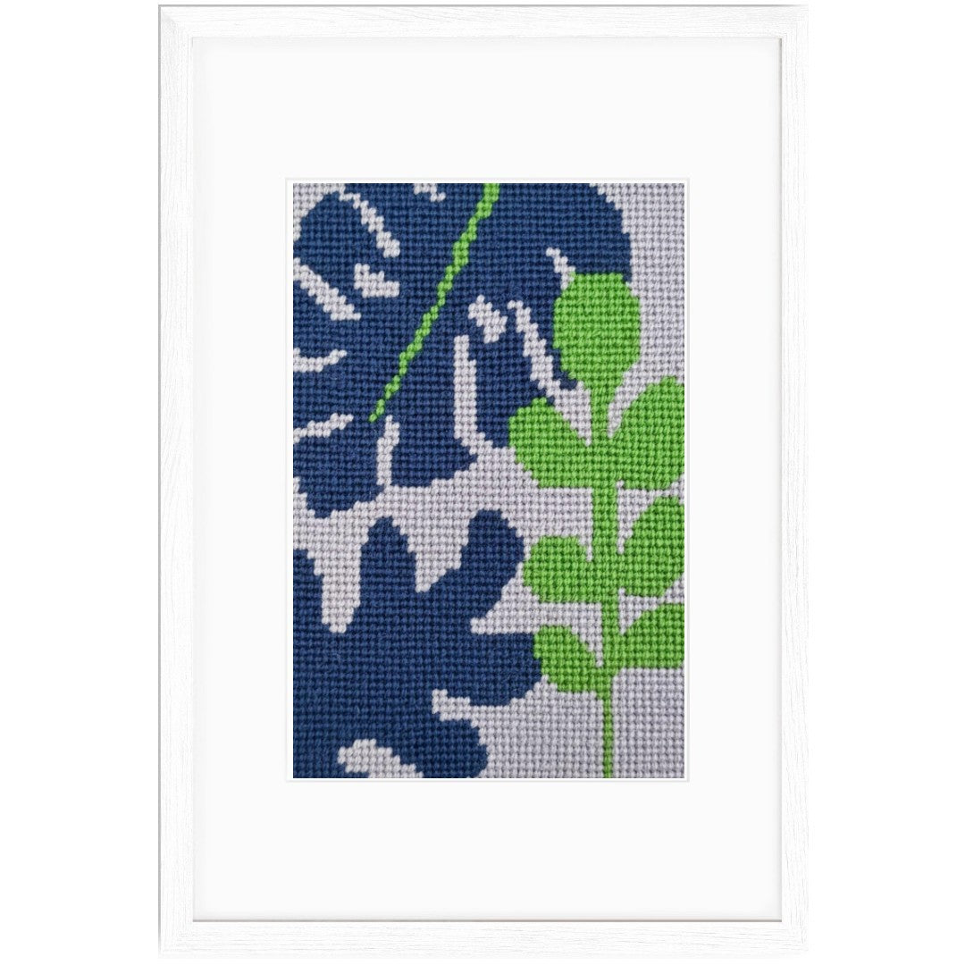 Leaf Me Alone modern botanical needlepoint design 4" x 6" in a white frame