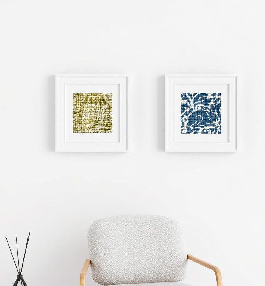 Provence Blue needlepoint rabbit and owl in green