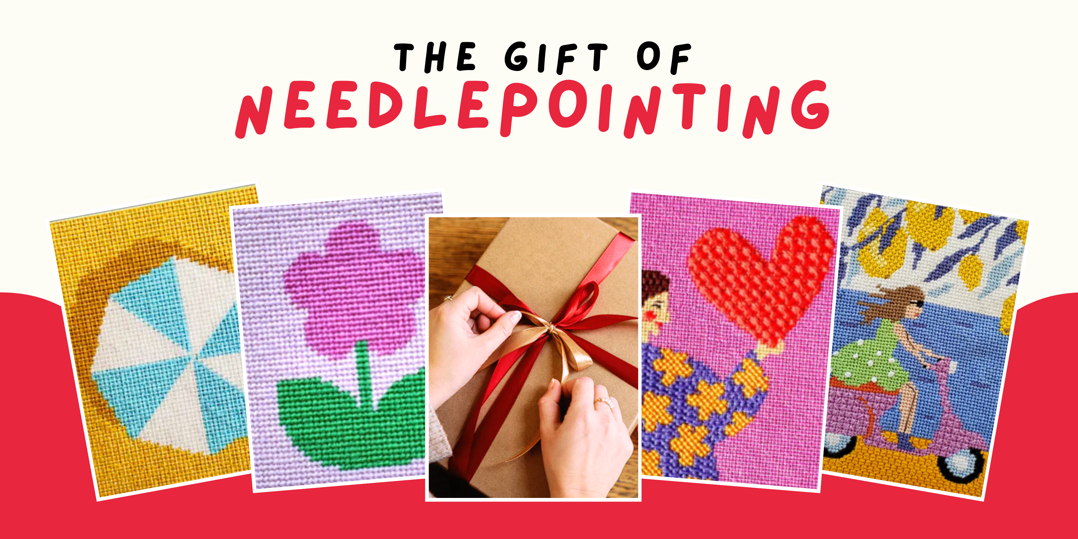 Promotional image for needlepoint kits with colorful designs and text 'The Gift of Needlepointing'.