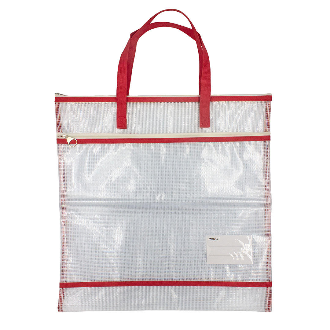 Plastic tote bag with red trim