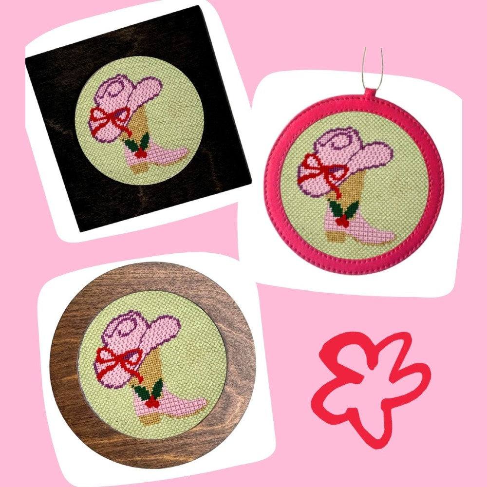 Corgirl needlepoint design shown in three different frames