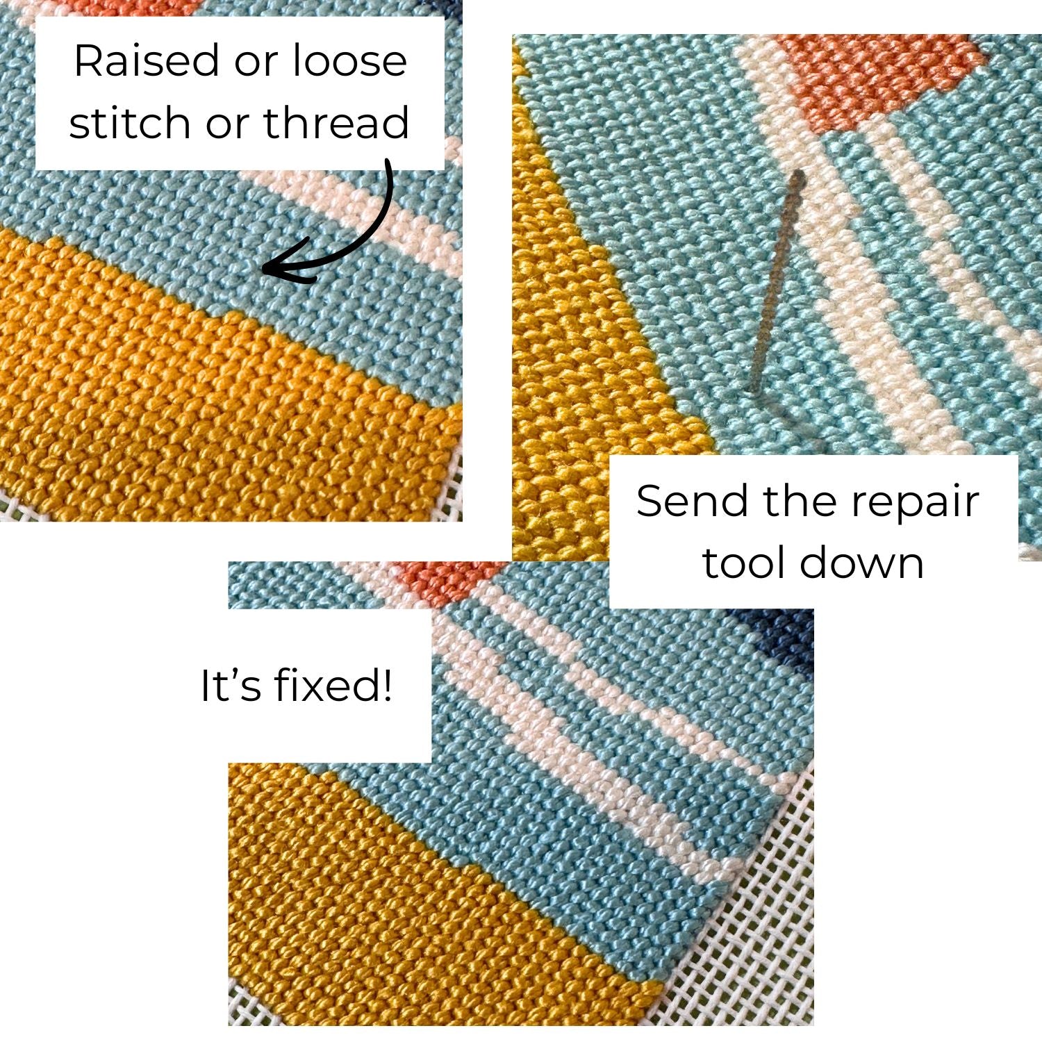 Text instructions on repairing a fabric with raised or loose stitch or thread.