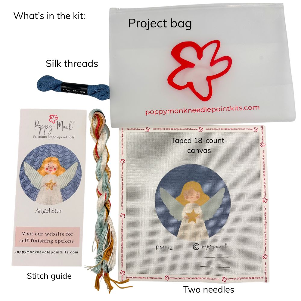 Poppy Monk needlepoint kit contents including project bag, silk threads, canvas, stitch guide, and needles.