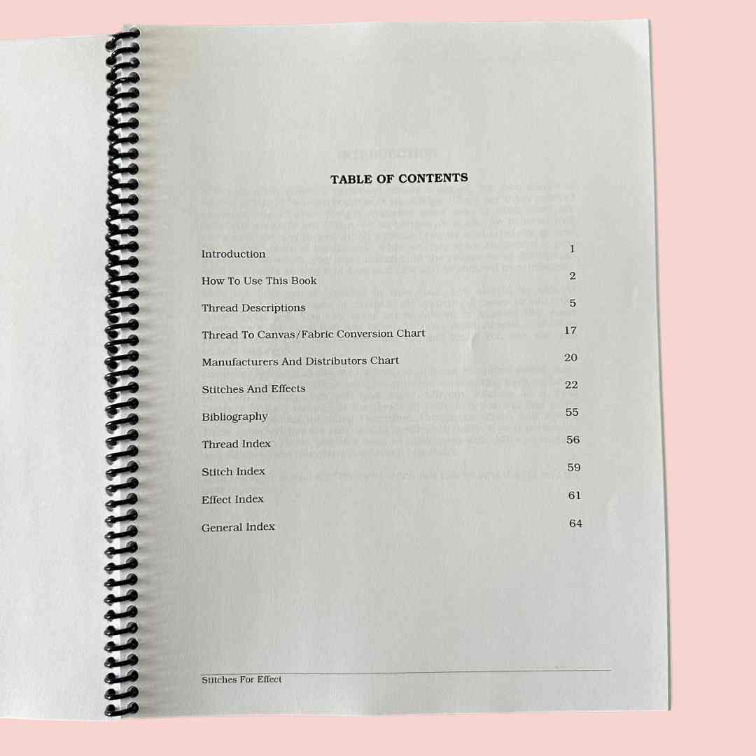 Table of contents page of Stitches For Effect book on a pink background