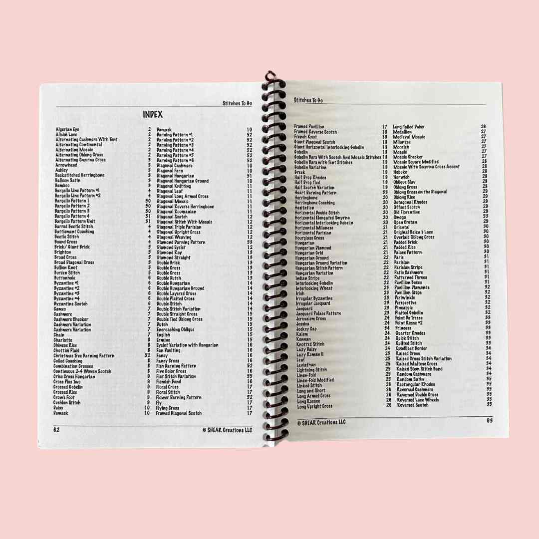 Stitches o Go needlepoint book sample index page
