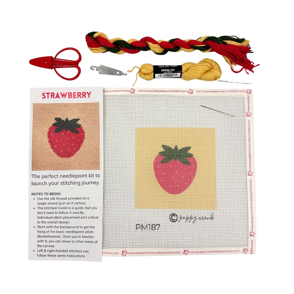 Strawberry needlepoint kit with threads, scissors and needle threader
