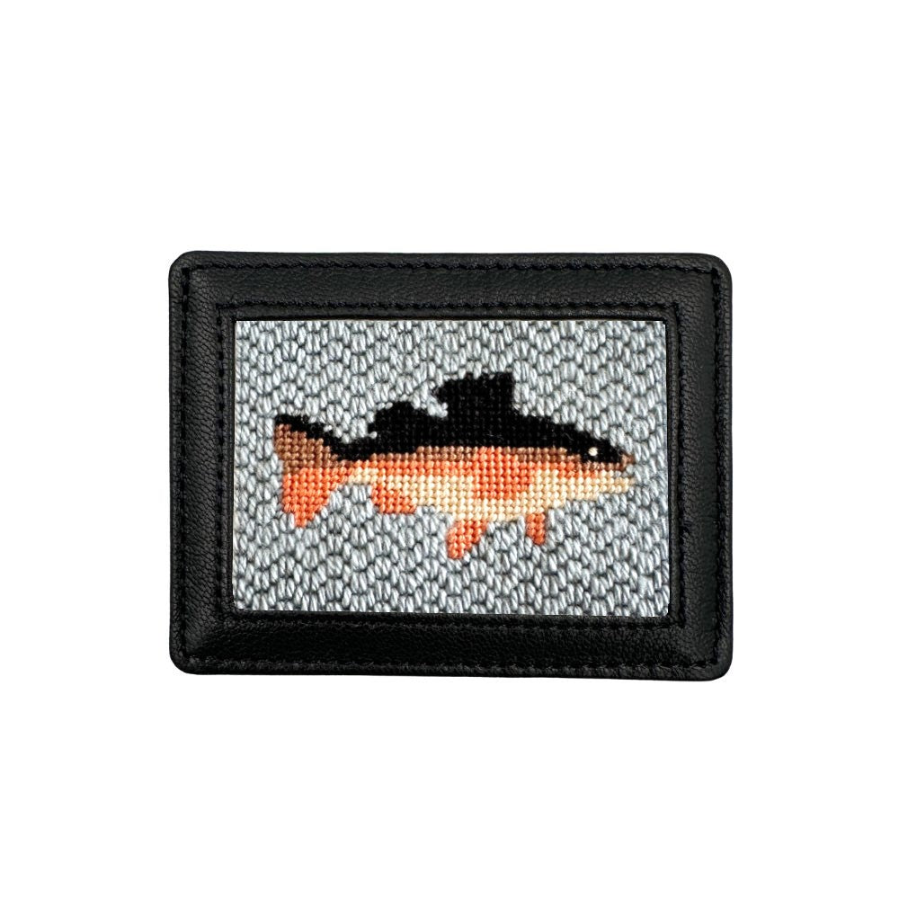 Black credit card holder with needlepoint trout design