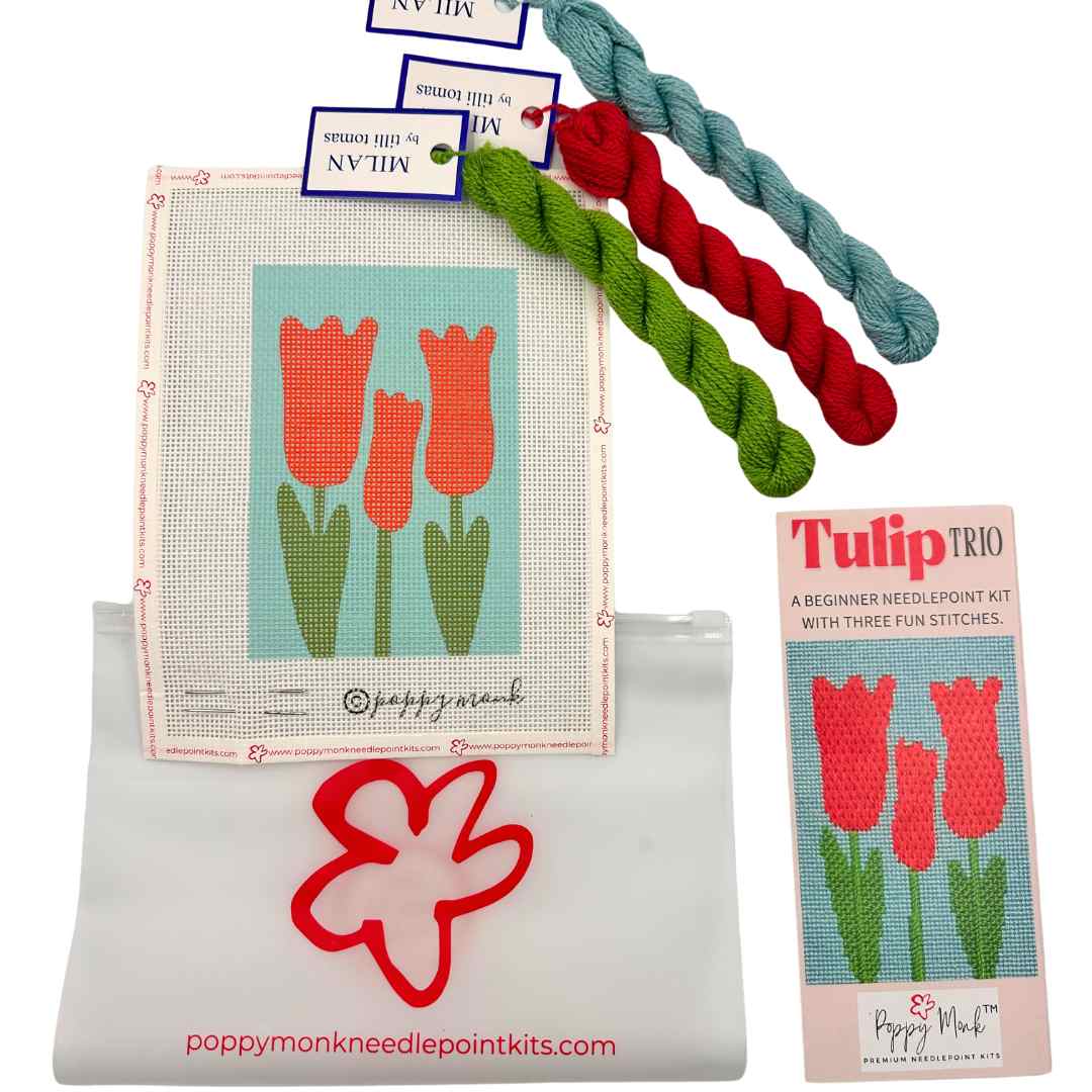Tulips beginner needlepoint kit with four stitches.