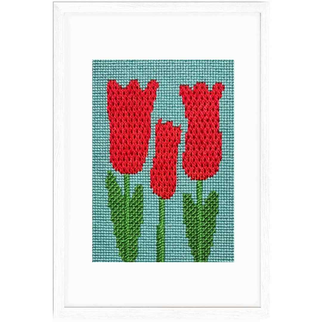 Tulips beginner needlepoint kit with four stitches.