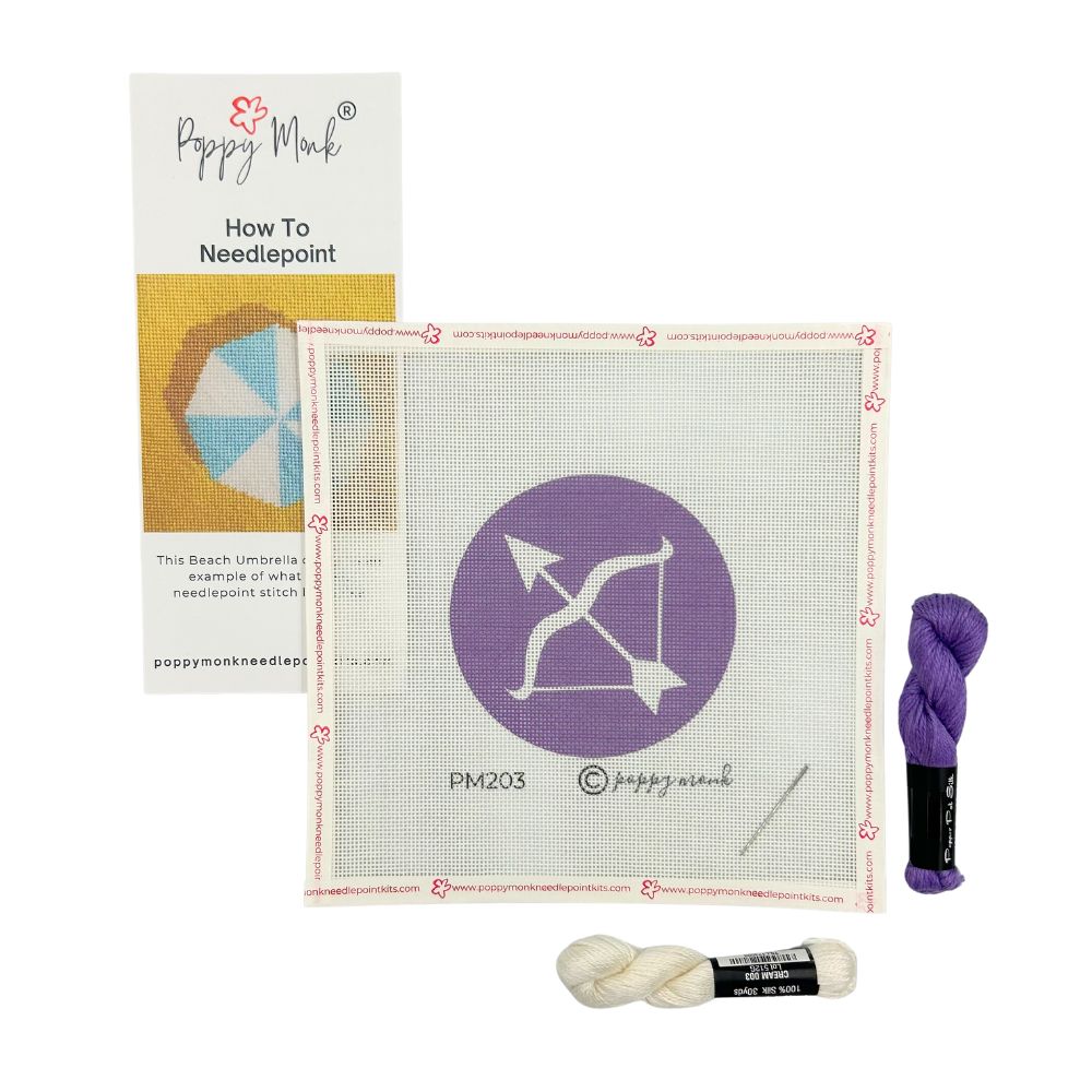 Sagittarius round needlepoint design with threads