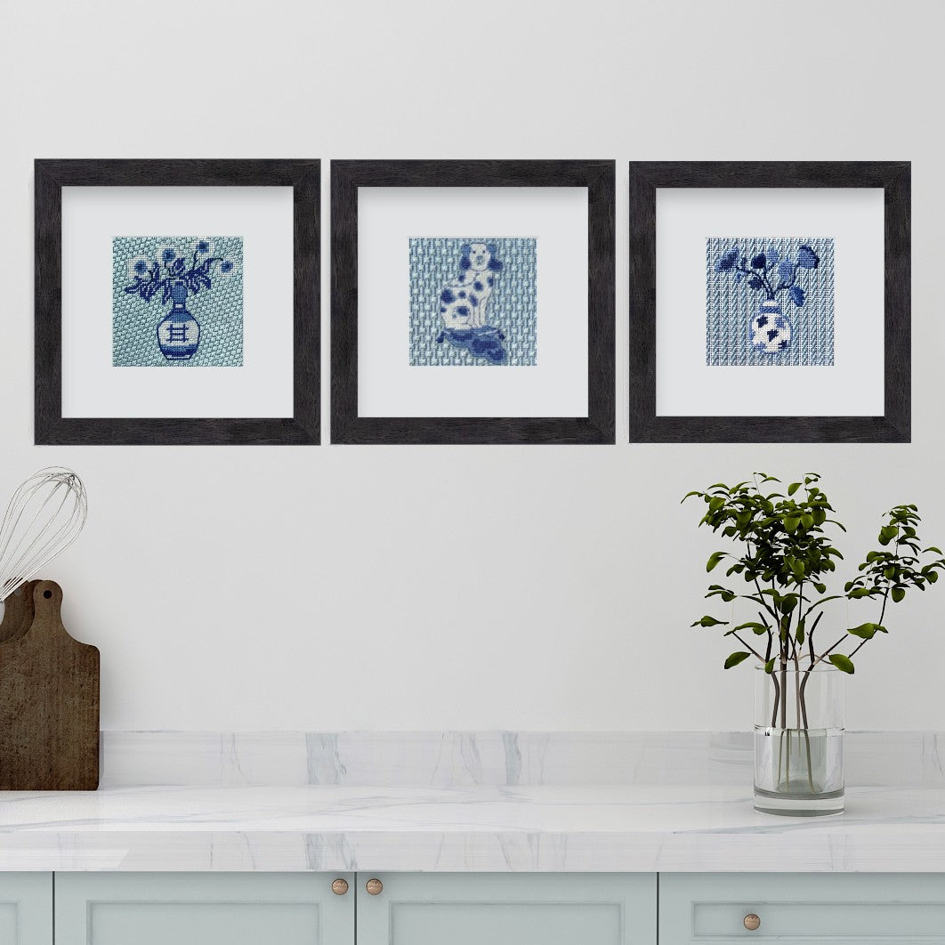 Blue and white needlepoint designs with chinoiserie theme in three styles.