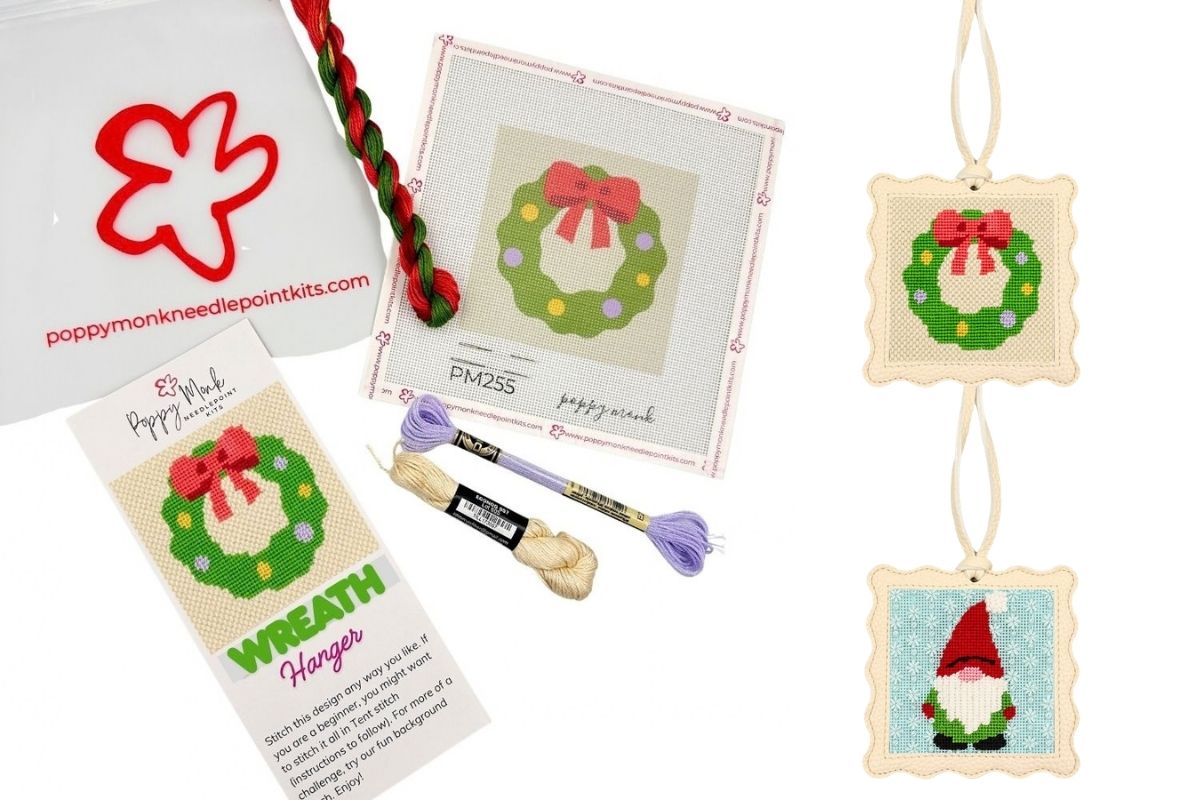A needlepoint kit of a Christmas wreath and two hanging ornaments; one of a wreath and one of a gnome