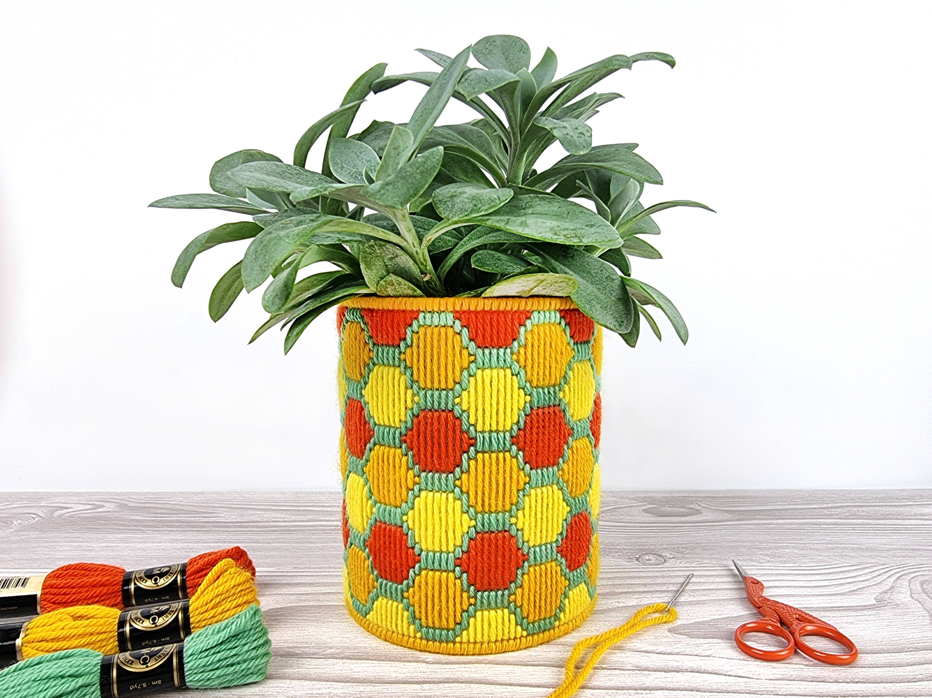 A planter pot in Bargello needlepoint